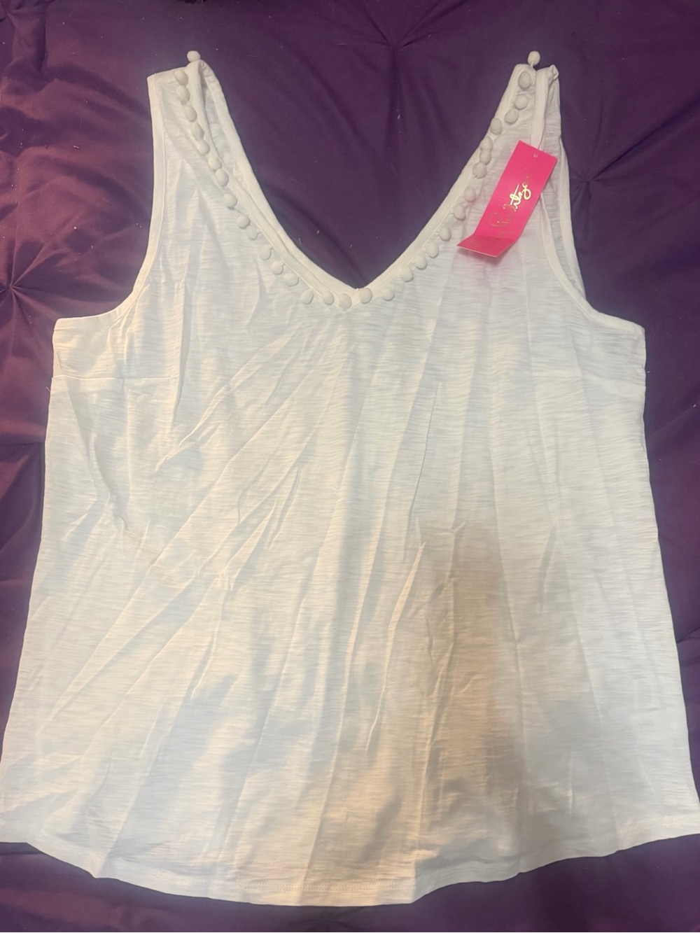 Lilly Pulitzer White V-Neck Tank with Pom Trim size XL